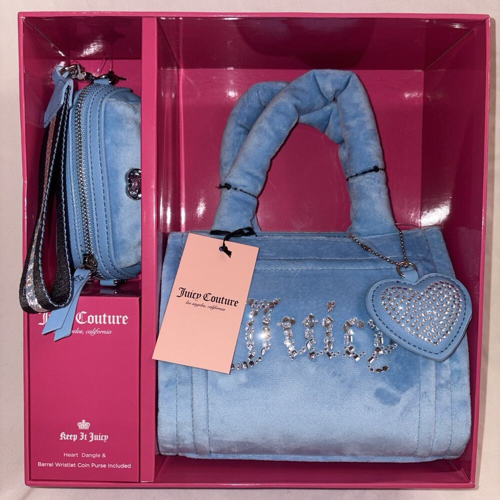 Juicy Couture Heart Dangle & Barrel Wrislet Coin Purse Gift Purse Baby Blue